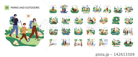 Parks and outdoors vector illustration set with hikers walking with backpacks, picnic scenes, cycling, reading, yoga, dog walking, beach, leisure and recreation activities 142613309