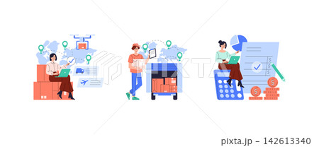 Vector illustration showcasing supply chain management with individuals analyzing logistics, inventory, and financial data. Ideal for business, logistics, and technology themes. 142613340