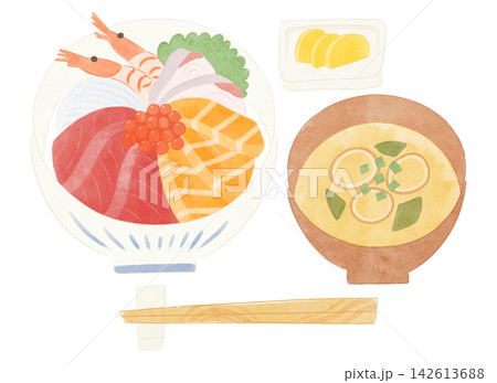 海鮮丼と味噌汁のイラスト 水彩風 海鮮丼と味噌汁のイラスト 水彩風 142613688
