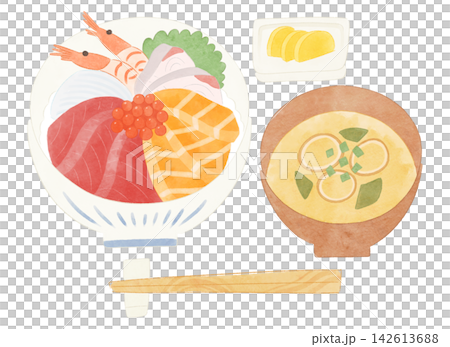 Watercolor-style illustration of a seafood rice bowl and miso soup. Watercolor-style illustration of a seafood rice bowl and miso soup. 142613688