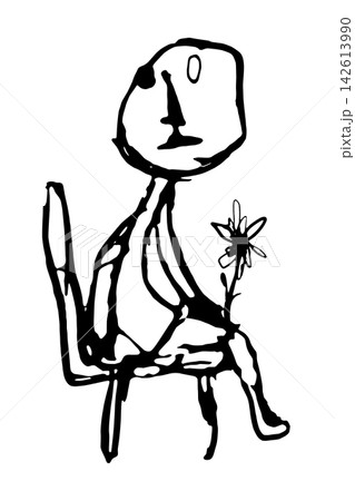 一輪の花を持って椅子に座る人のモノクロ手描き線画 一輪の花を持って椅子に座る人のモノクロ手描き線画 142613990