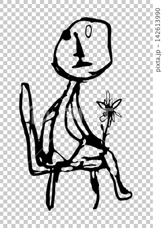 一輪の花を持って椅子に座る人のモノクロ手描き線画 一輪の花を持って椅子に座る人のモノクロ手描き線画 142613990