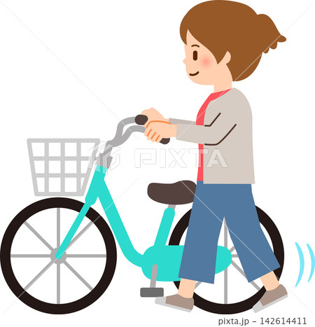自転車を押して歩く若い女性 自転車を押して歩く若い女性 142614411