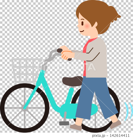 自転車を押して歩く若い女性 自転車を押して歩く若い女性 142614411
