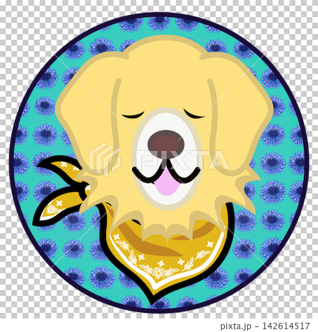 以圓形為背景的金毛犬臉部插圖。 以圓形為背景的金毛犬臉部插圖。 142614517