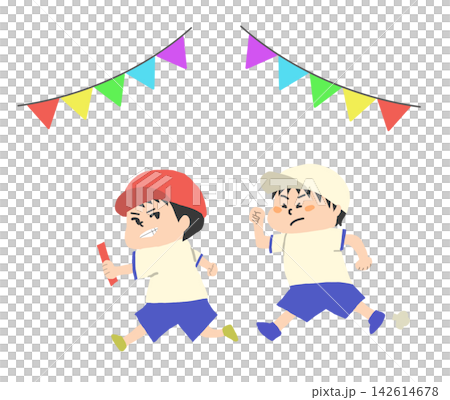 A simple and cute illustration of children participating in a relay race at a school sports day. A simple and cute illustration of children participating in a relay race at a school sports day. 142614678