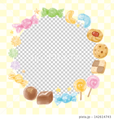 A square background with cute watercolor-style sweets arranged in a circle. A square background with cute watercolor-style sweets arranged in a circle. 142614743