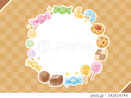 水彩風のかわいいお菓子を円形に配置した背景-横型 水彩風のかわいいお菓子を円形に配置した背景-横型 142614744