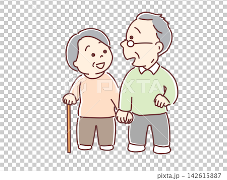 An elderly couple walks hand in hand; elderly care for each other. An elderly couple walks hand in hand; elderly care for each other. 142615887