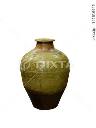 Handmade ceramic vase with rounded body earthy brown and green glaze textured surface craft pottery art piece. 142616446