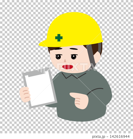 插圖描繪了一位身穿灰色工作服、頭戴黃色頭盔(頭盔上有綠色十字)的檢查員,他微笑著解釋著什麼。 插圖描繪了一位身穿灰色工作服、頭戴黃色頭盔(頭盔上有綠色十字)的檢查員,他微笑著解釋著什麼。 142616944