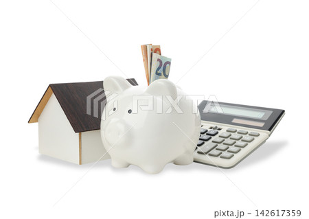 Piggy bank sits next to calculator and model house, representing savings journey, PNG Piggy bank sits next to calculator and model house, representing savings journey, PNG 142617359