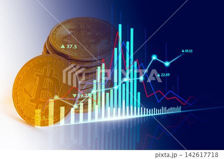Modern way of exchange. Bitcoin is convenient payment in global economy market. Virtual digital currency and financial investment trade concept. Abstract cryptocurrency with gold bitcoin background. Modern way of exchange. Bitcoin is convenient payment in global economy market. Virtual digital currency and financial investment trade concept. Abstract cryptocurrency with gold bitcoin background. 142617718