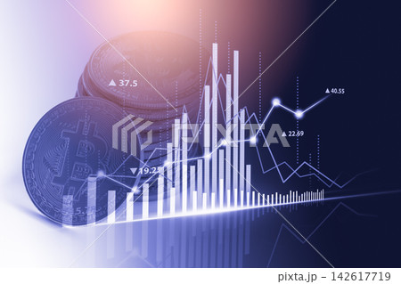 Modern way of exchange. Bitcoin is convenient payment in global economy market. Virtual digital currency and financial investment trade concept. Abstract cryptocurrency with gold bitcoin background. 142617719
