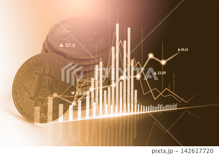Modern way of exchange. Bitcoin is convenient payment in global economy market. Virtual digital currency and financial investment trade concept. Abstract cryptocurrency with gold bitcoin background. Modern way of exchange. Bitcoin is convenient payment in global economy market. Virtual digital currency and financial investment trade concept. Abstract cryptocurrency with gold bitcoin background. 142617720
