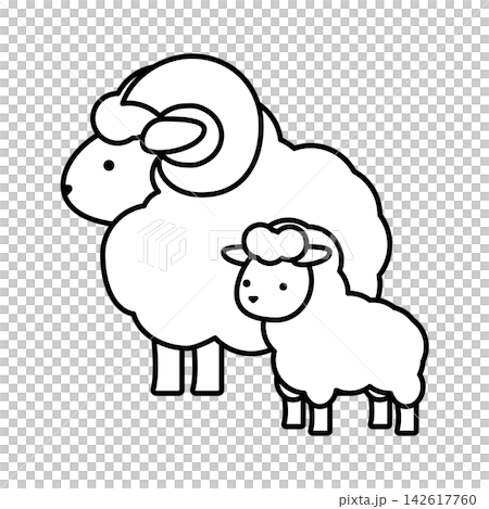 立派な角の親羊と小さな子羊が寄り添うシンプルな白黒の動物線画イラスト 立派な角の親羊と小さな子羊が寄り添うシンプルな白黒の動物線画イラスト 142617760