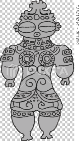 Hand-drawn style black and white illustration of a Jomon period clay figurine (Jomon period, ruins, excavated artifacts, archaeology, Japanese history, ancient, monochrome, line drawing, Bek 142617871