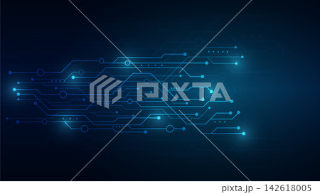 Abstract glowing blue circuit board traces and networking data nodes on dark futuristic digital technology background vector illustration Abstract glowing blue circuit board traces and networking data nodes on dark futuristic digital technology background vector illustration 142618005