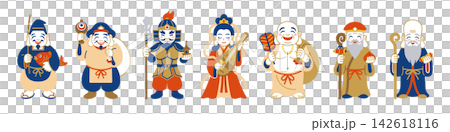 A cute illustration of the Seven Lucky Gods lined up with smiles on their faces. A cute illustration of the Seven Lucky Gods lined up with smiles on their faces. 142618116