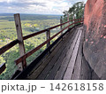 Wooden walkway around the steep sandstone cliff at Wat Phu Tok temple. Scenic mountain path trail with a wooden fence overlooking the green tropical forest and cloudy sky in Thailand 142618158
