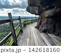 Wooden walkway around the steep sandstone cliff at Wat Phu Tok temple. Scenic mountain path trail with a wooden fence overlooking the green tropical forest and cloudy sky in Thailand 142618160