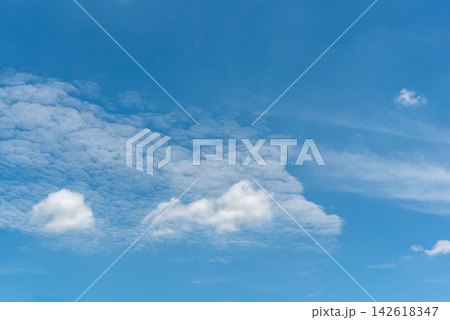 Bright blue sky filled soft white clouds wide open copy space creating calm natural background for weather freedom summer environmental themes Bright blue sky filled soft white clouds wide open copy space creating calm natural background for weather freedom summer environmental themes 142618347