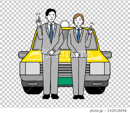 一男一女兩位年輕司機站在計程車前。 一男一女兩位年輕司機站在計程車前。 142618846