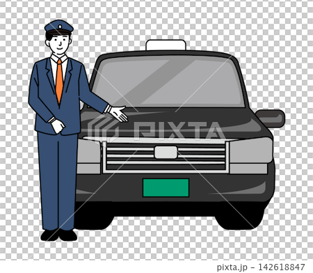 一名年輕的男司機站在計程車前面。 一名年輕的男司機站在計程車前面。 142618847