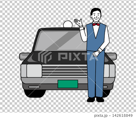 一位中年男性司機站在計程車前。 一位中年男性司機站在計程車前。 142618849