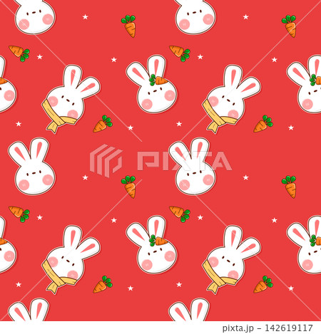 Face rabbit cartoon so cute.on carrot star red background.pattern seamless vector illustration. Face rabbit cartoon so cute.on carrot star red background.pattern seamless vector illustration. 142619117