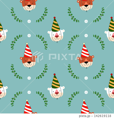 Face bear white and brown cartoon so cute.on leaf flower green background.pattern seamless vector illustration. Face bear white and brown cartoon so cute.on leaf flower green background.pattern seamless vector illustration. 142619118