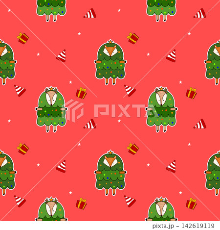 Fox reindeer in pine cartoon so cute.on hat star gift red background.Merry christman.pattern seamless vector and illustration. Fox reindeer in pine cartoon so cute.on hat star gift red background.Merry christman.pattern seamless vector and illustration. 142619119
