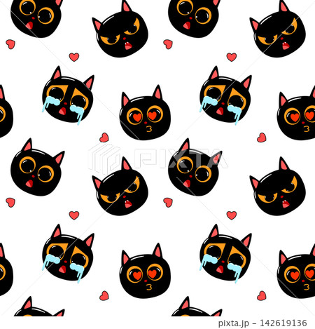 Face black cat cartoon so cute.cry angry cute in love.on red heart and white background. Pattern seamless vector illustration. Face black cat cartoon so cute.cry angry cute in love.on red heart and white background. Pattern seamless vector illustration. 142619136