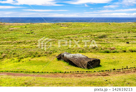A fallen stone Moai statue lies on the grassy slopes of Rano Raraku with the blue ocean in the background on Easter Island, Chile. A fallen stone Moai statue lies on the grassy slopes of Rano Raraku with the blue ocean in the background on Easter Island, Chile. 142619213