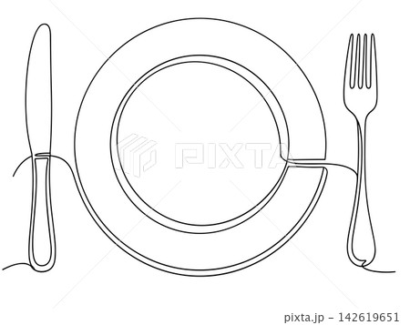 Continuous line drawing of a dinner plate with fork and knife isolated on white background Continuous line drawing of a dinner plate with fork and knife isolated on white background 142619651