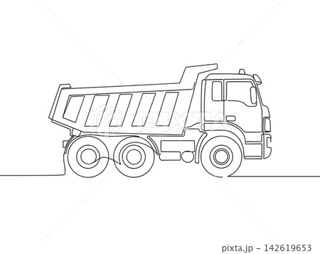 Continuous line drawing of a heavy dump truck for construction and transportation, isolated on white background 142619653