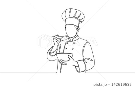 Continuous line drawing of a chef tasting food from a bowl, isolated on white background 142619655