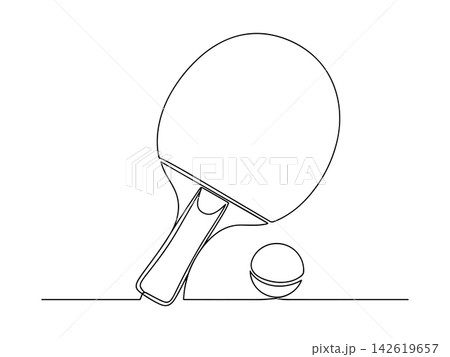 Continuous line drawing of a ping pong paddle and ball, isolated on white background Continuous line drawing of a ping pong paddle and ball, isolated on white background 142619657