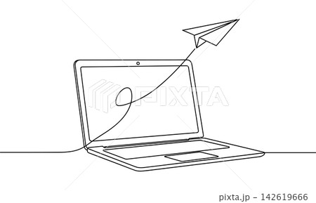 Continuous line drawing of a laptop with a paper plane Continuous line drawing of a laptop with a paper plane 142619666