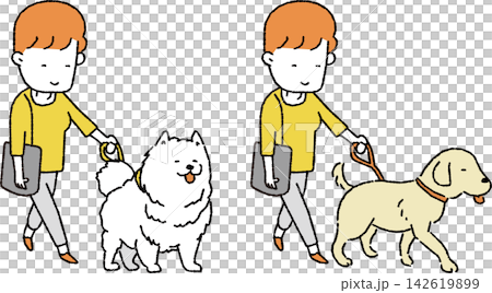 一位女士牽著一隻大狗(薩摩耶犬/尋回犬)的插圖。 一位女士牽著一隻大狗(薩摩耶犬/尋回犬)的插圖。 142619899