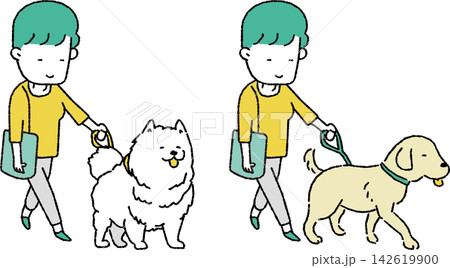 大型犬とお散歩をする女性のイラスト(サモエド/レトリバー) 大型犬とお散歩をする女性のイラスト(サモエド/レトリバー) 142619900