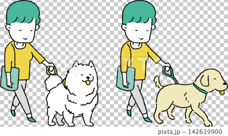 An illustration of a woman walking a large dog (Samoyed/Retriever). An illustration of a woman walking a large dog (Samoyed/Retriever). 142619900