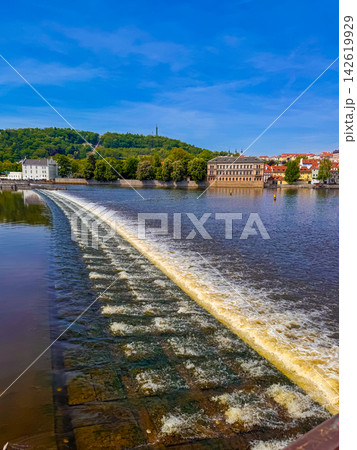Exploring the Vltava river view in Prague Czech Republic near the dam area 142619929