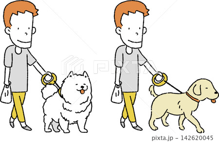 大型犬とお散歩をする男性のイラスト（サモエド／レトリバー） 142620045