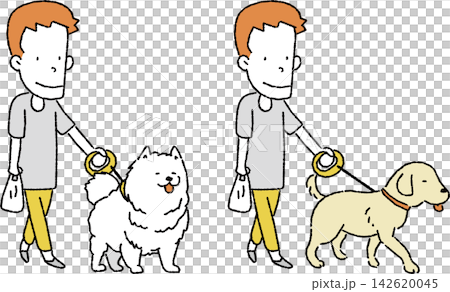 大型犬とお散歩をする男性のイラスト（サモエド／レトリバー） 142620045