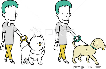 大型犬とお散歩をする男性のイラスト(サモエド/レトリバー) 大型犬とお散歩をする男性のイラスト(サモエド/レトリバー) 142620046