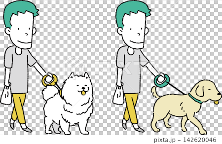 大型犬とお散歩をする男性のイラスト(サモエド/レトリバー) 大型犬とお散歩をする男性のイラスト(サモエド/レトリバー) 142620046