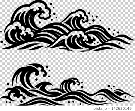 和風の切り絵風　大波のイラストセット 142620149