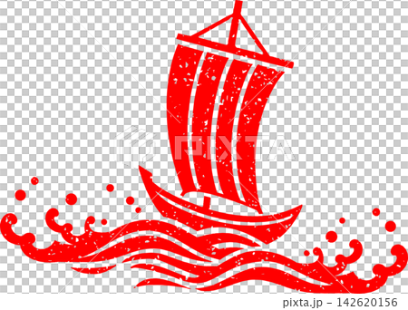 A red, Japanese-style stamp-like design featuring an illustration of a sailboat and waves. 142620156