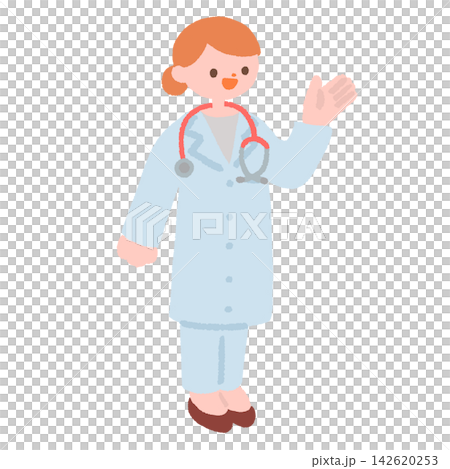 Illustration of a female doctor raising her hand to guide someone. Illustration of a female doctor raising her hand to guide someone. 142620253